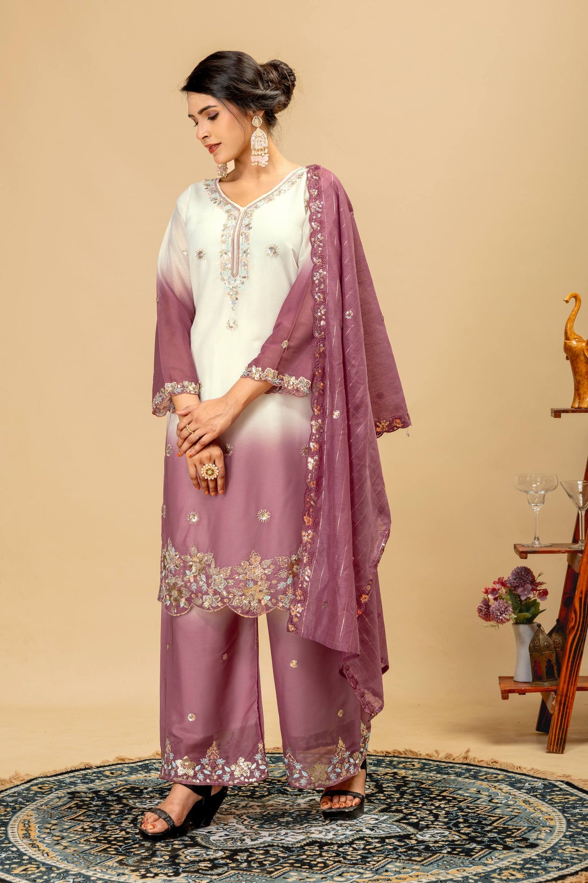 3 PIECES KURTI, PLAZZO & DUPATTA WITH ORIGINAL BEADS CUT DANA WORK