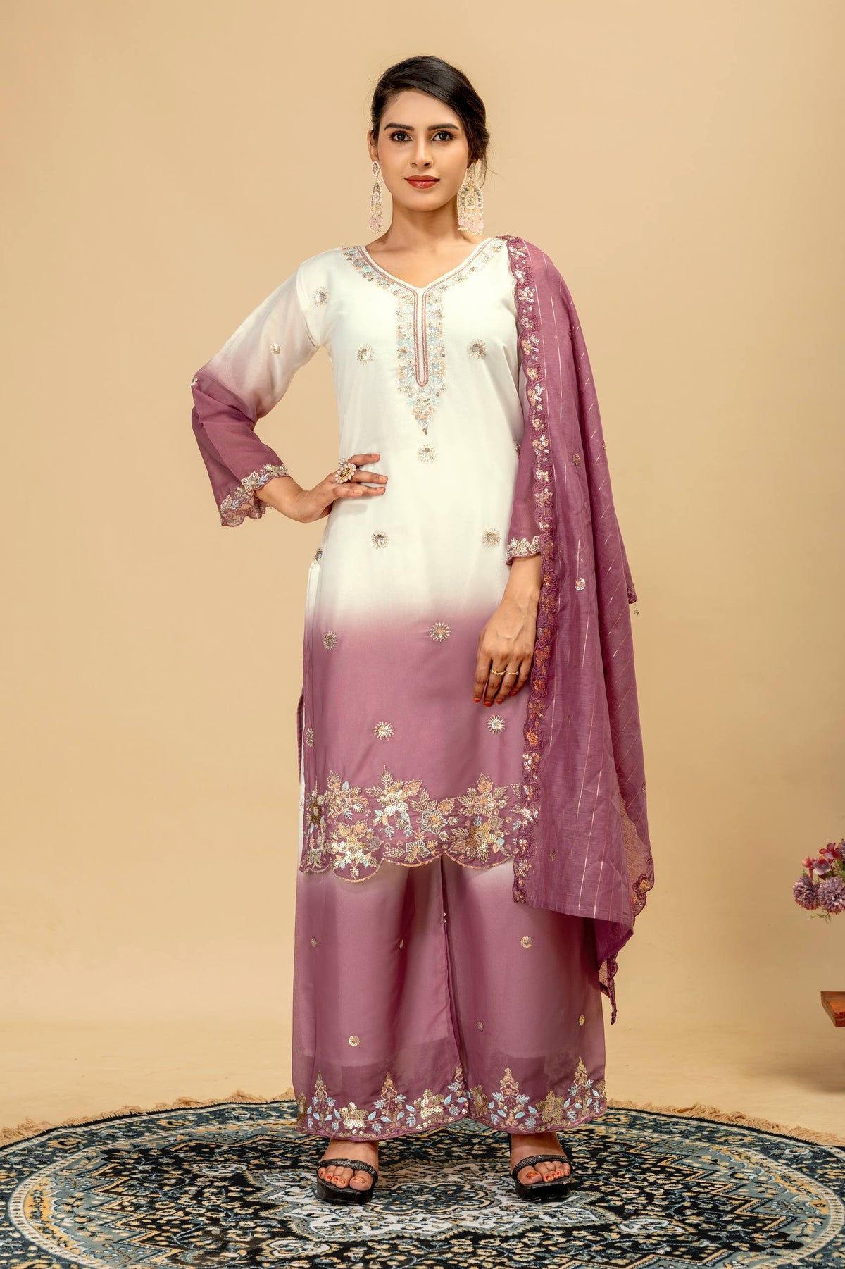 3 PIECES KURTI, PLAZZO & DUPATTA WITH ORIGINAL BEADS CUT DANA WORK