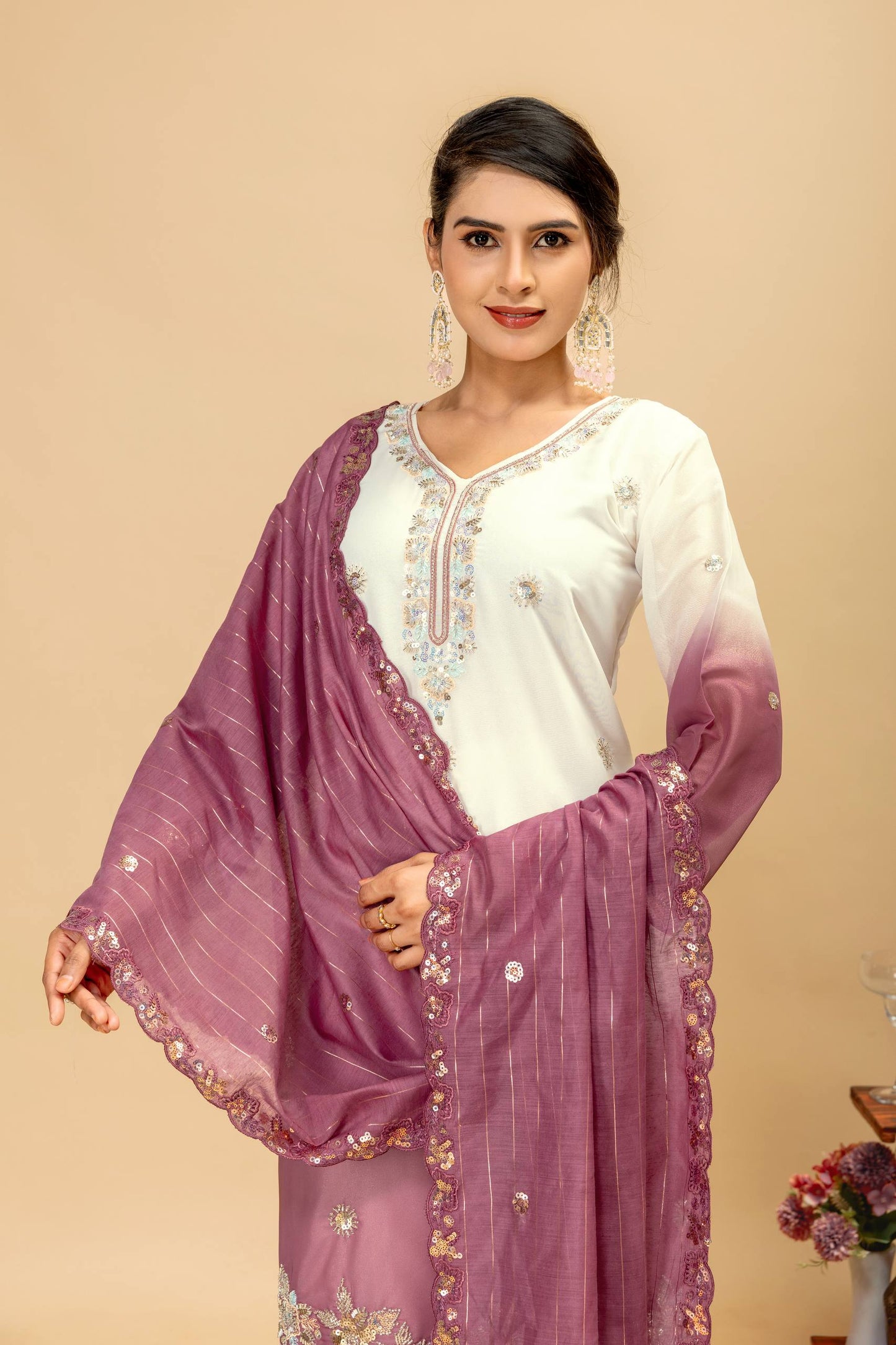 3 PIECES KURTI, PLAZZO & DUPATTA WITH ORIGINAL BEADS CUT DANA WORK