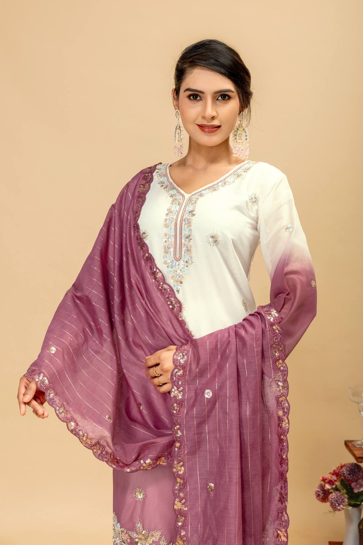 3 PIECES KURTI, PLAZZO & DUPATTA WITH ORIGINAL BEADS CUT DANA WORK
