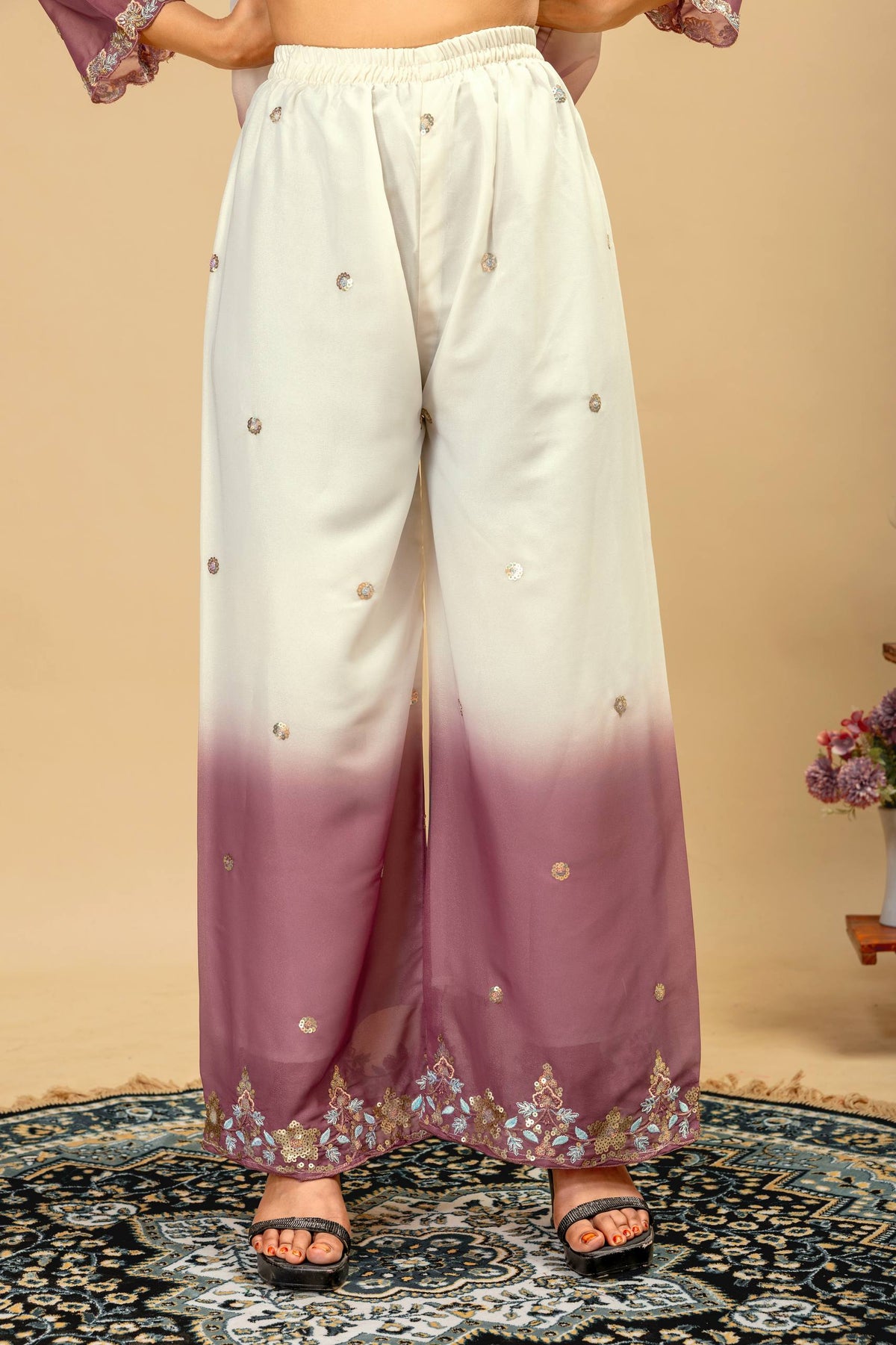 3 PIECES KURTI, PLAZZO & DUPATTA WITH ORIGINAL BEADS CUT DANA WORK