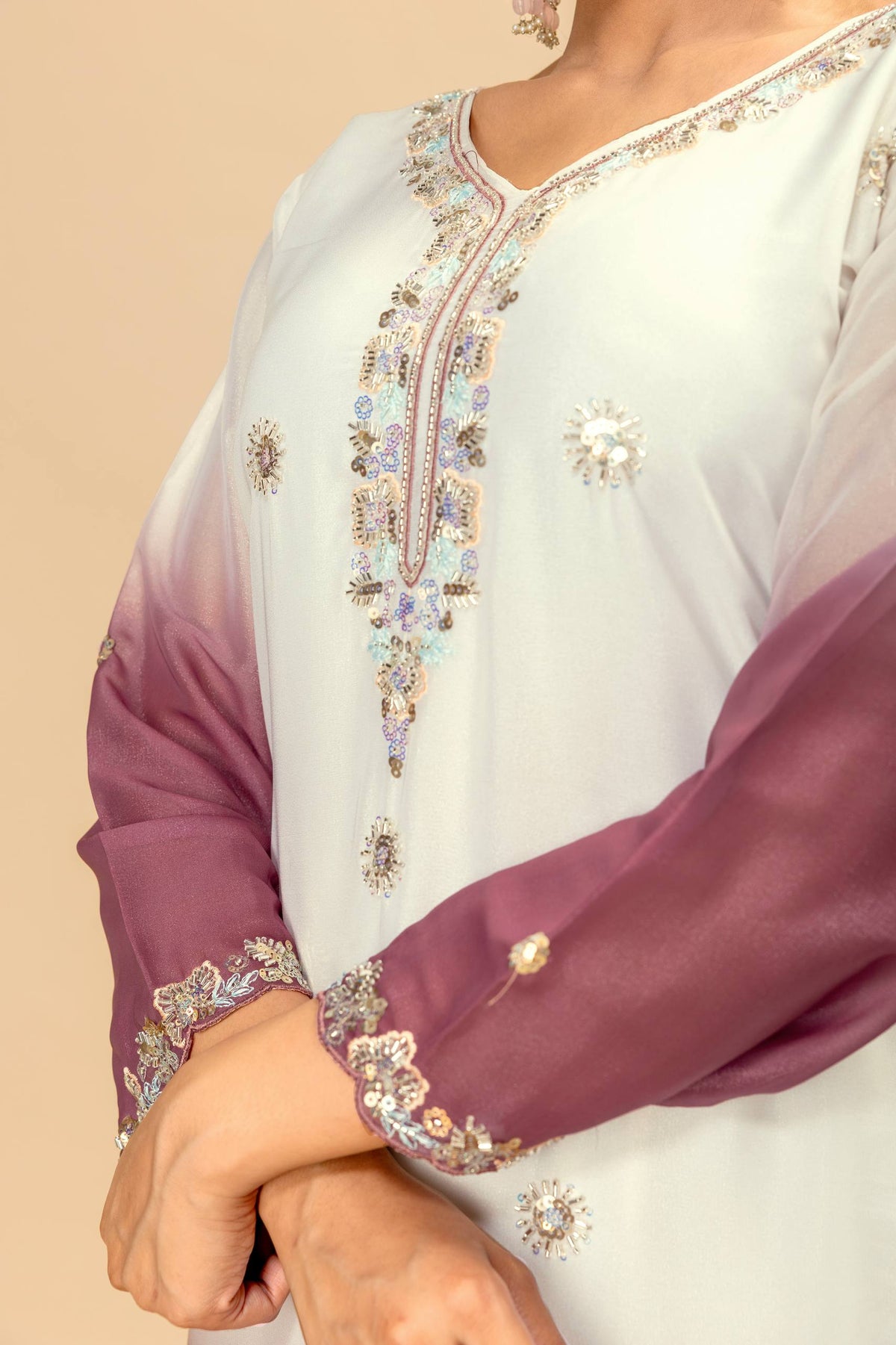 3 PIECES KURTI, PLAZZO & DUPATTA WITH ORIGINAL BEADS CUT DANA WORK