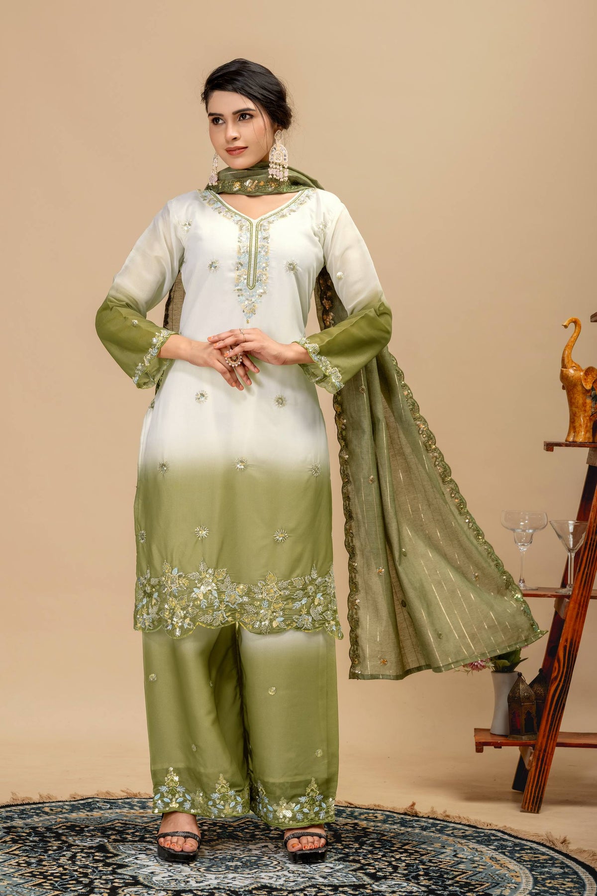 3 PIECES KURTI, PLAZZO & DUPATTA WITH ORIGINAL BEADS CUT DANA WORK