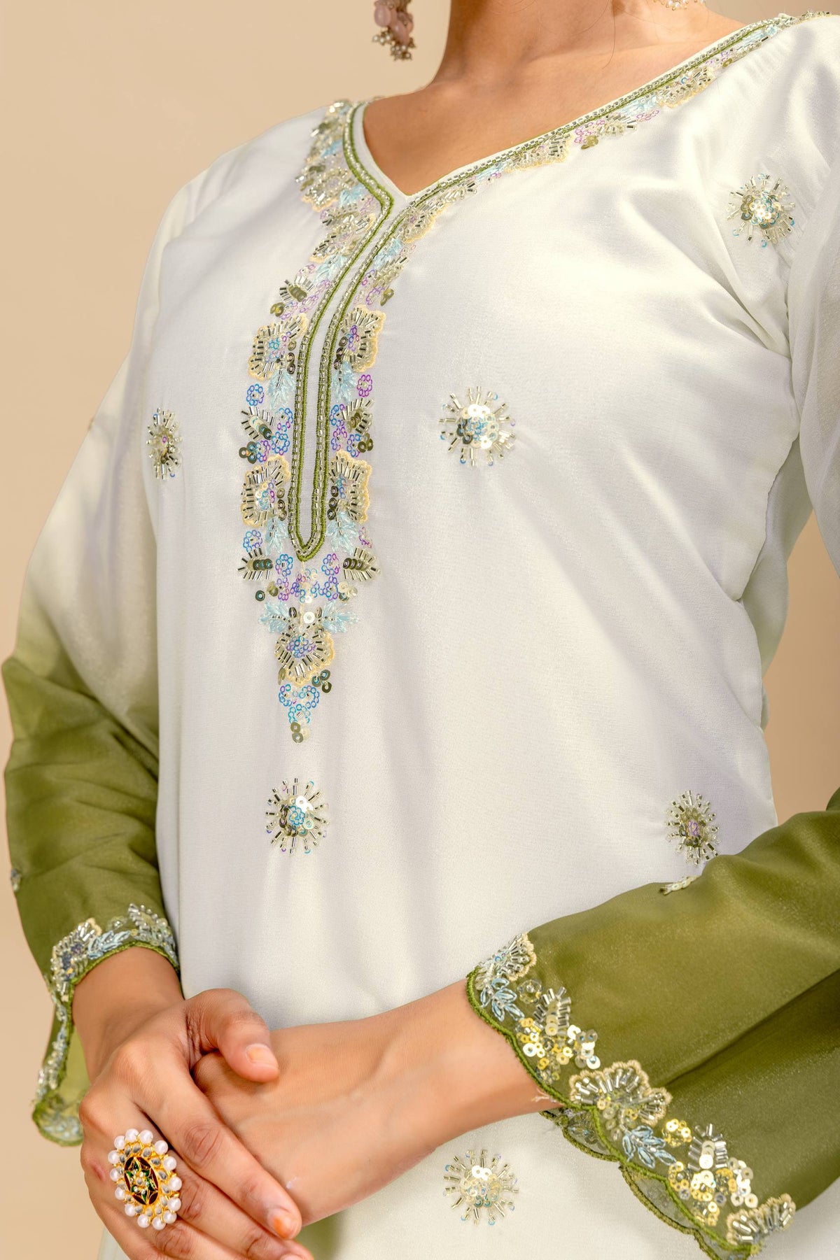 3 PIECES KURTI, PLAZZO & DUPATTA WITH ORIGINAL BEADS CUT DANA WORK
