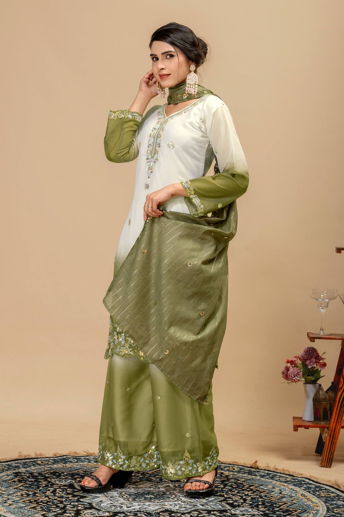 3 PIECES KURTI, PLAZZO & DUPATTA WITH ORIGINAL BEADS CUT DANA WORK