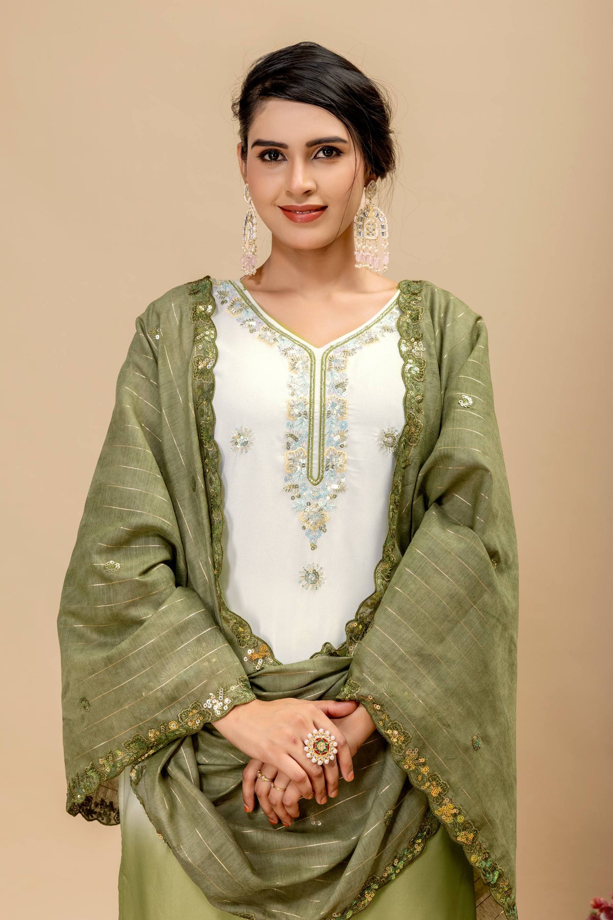 3 PIECES KURTI, PLAZZO & DUPATTA WITH ORIGINAL BEADS CUT DANA WORK