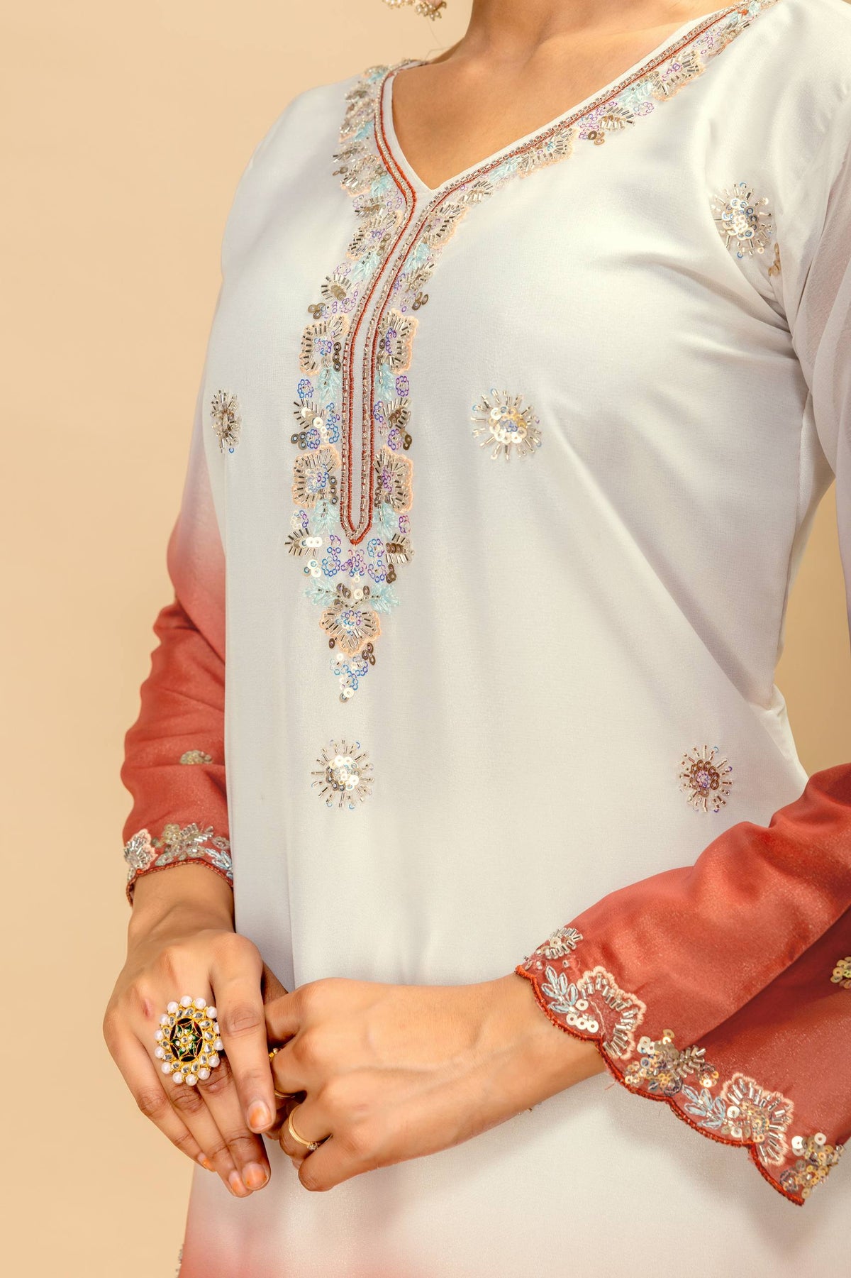 3 PIECES KURTI, PLAZZO & DUPATTA WITH ORIGINAL BEADS CUT DANA WORK