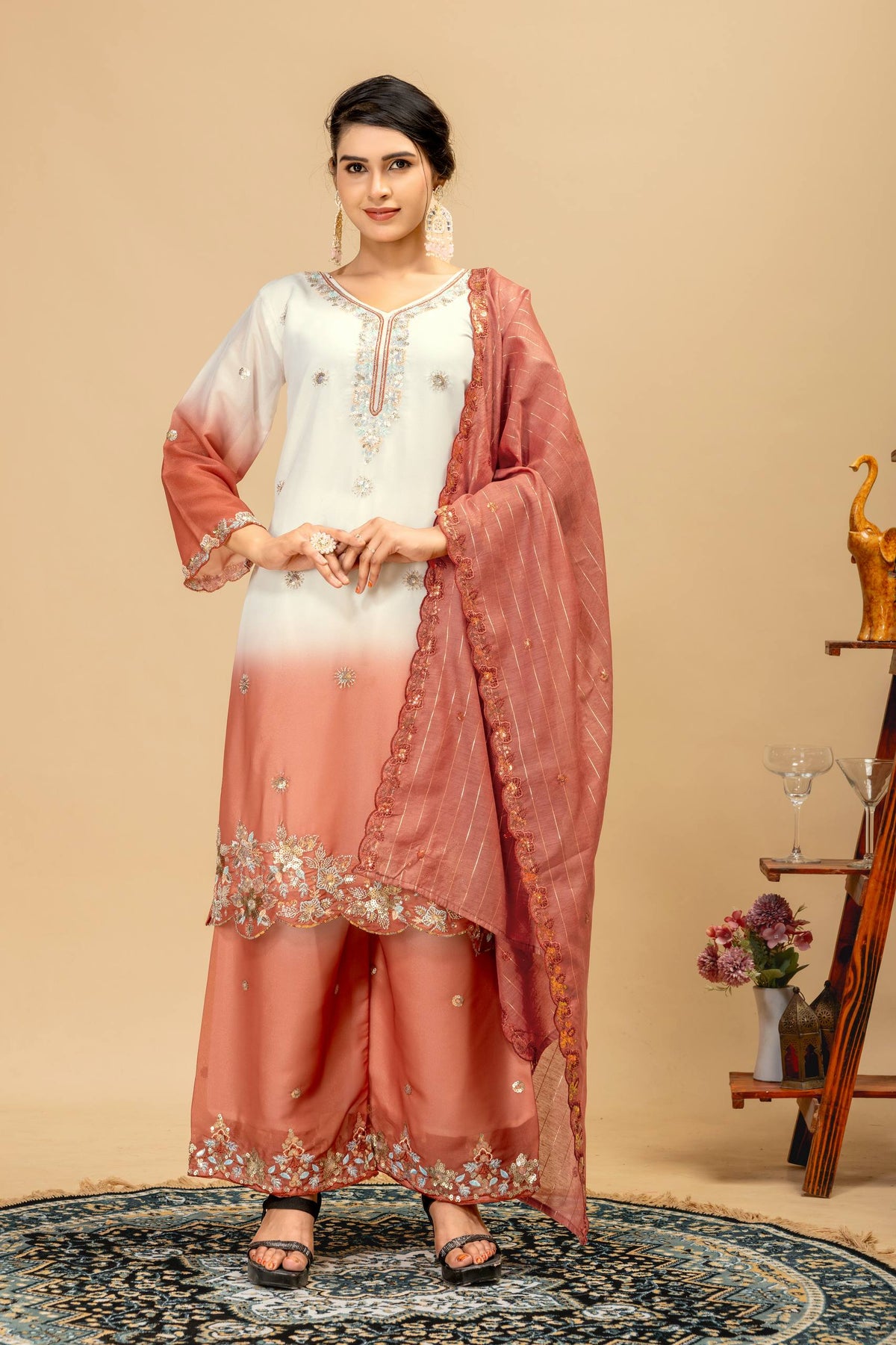 3 PIECES KURTI, PLAZZO & DUPATTA WITH ORIGINAL BEADS CUT DANA WORK