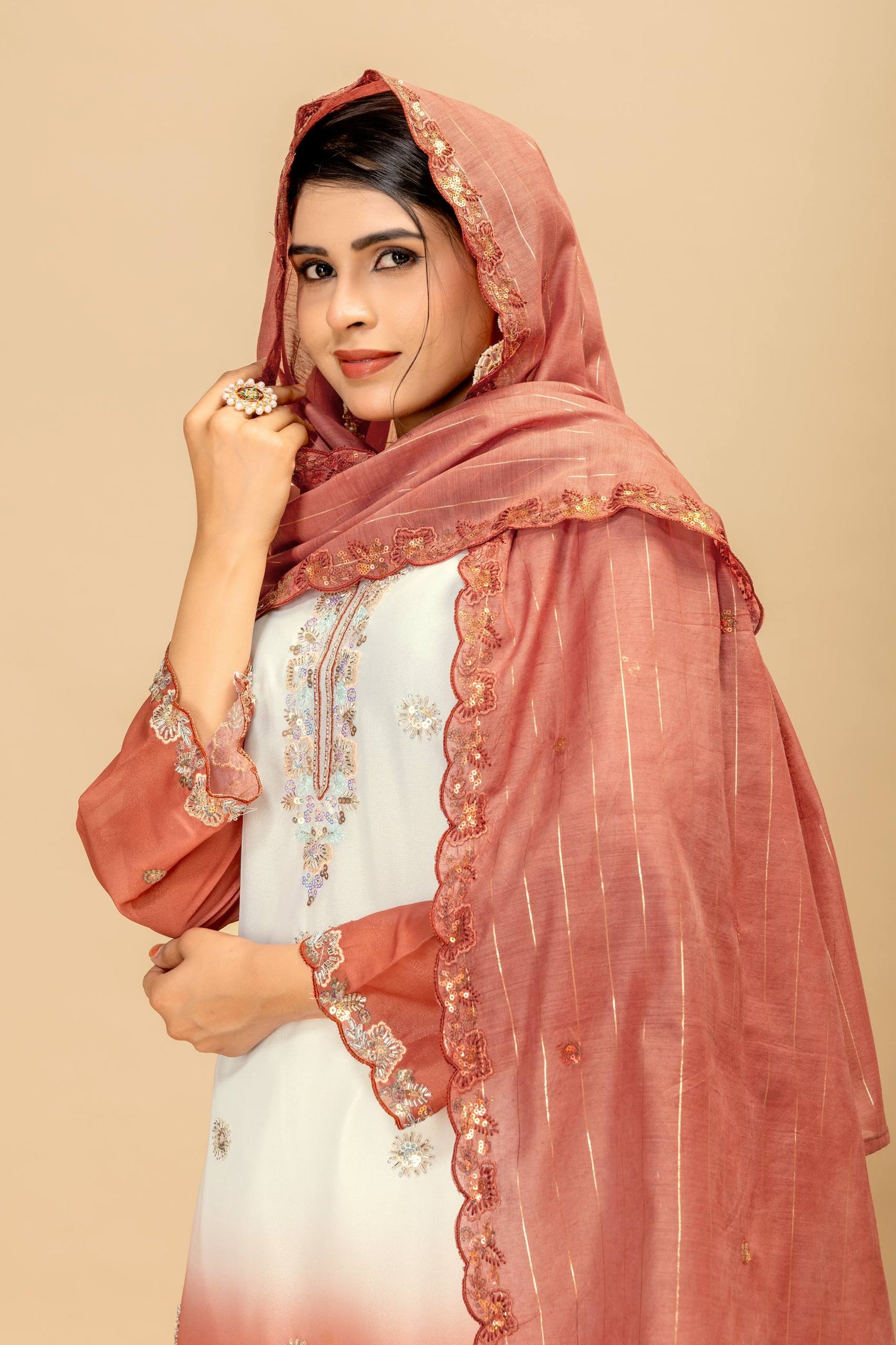 3 PIECES KURTI, PLAZZO & DUPATTA WITH ORIGINAL BEADS CUT DANA WORK