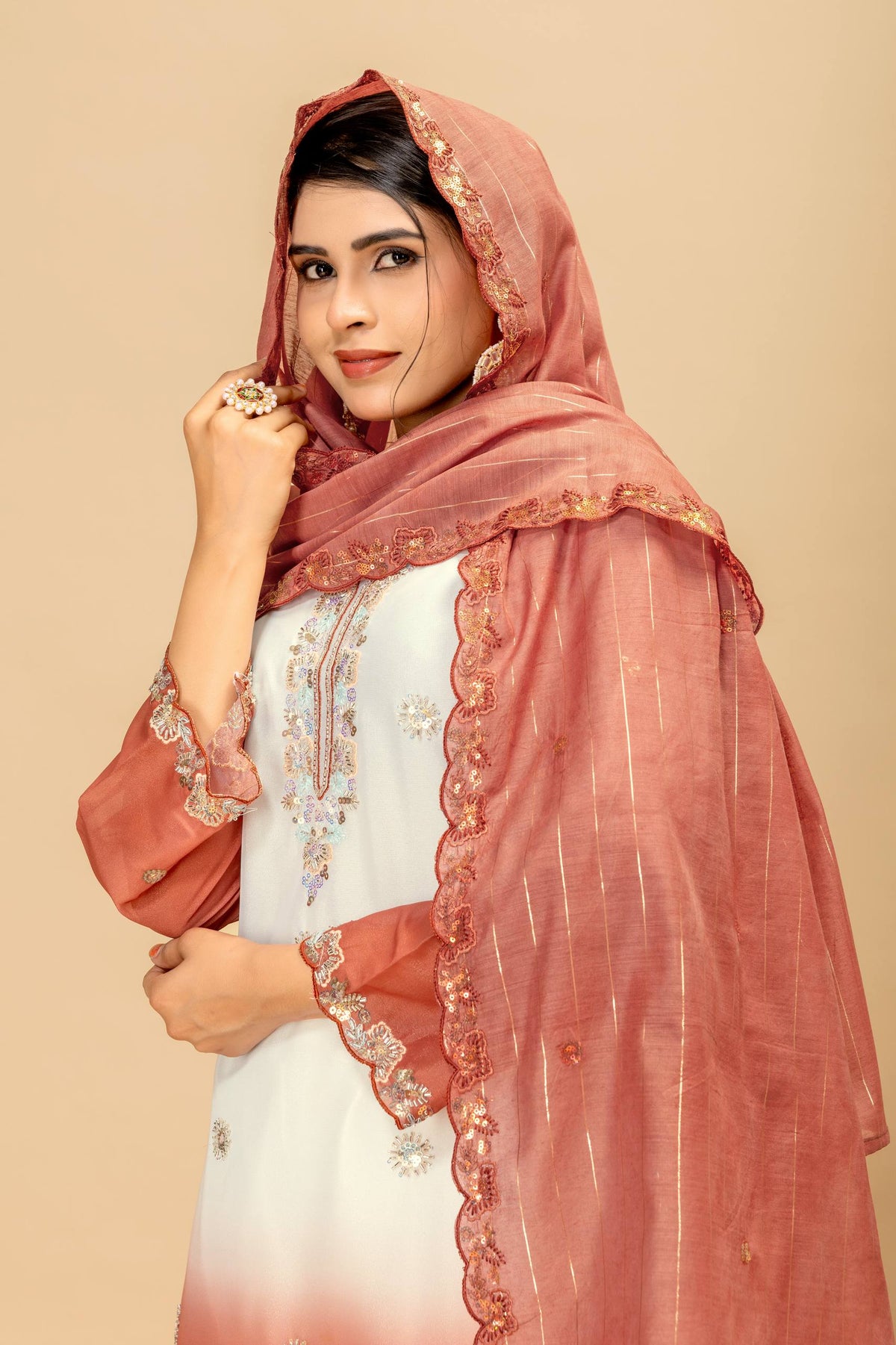 3 PIECES KURTI, PLAZZO & DUPATTA WITH ORIGINAL BEADS CUT DANA WORK