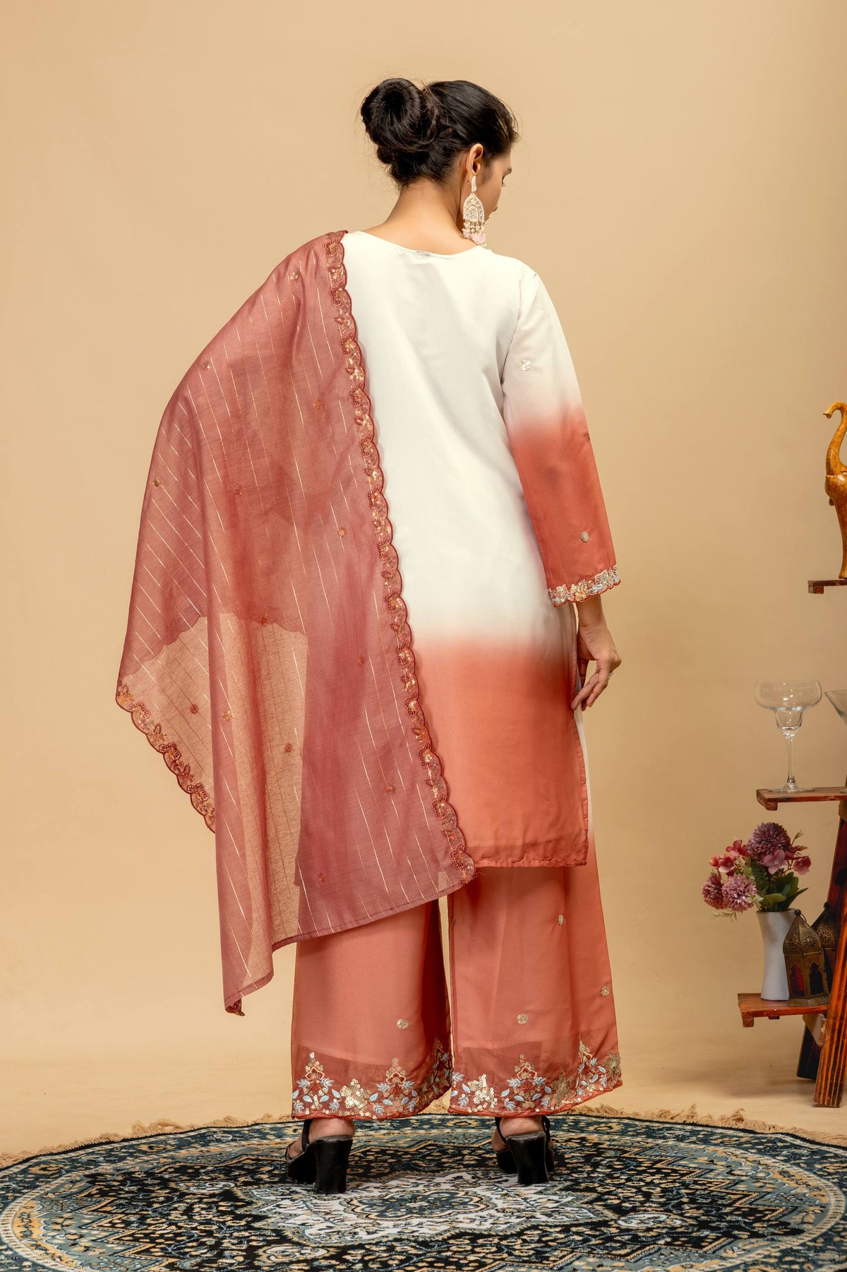 3 PIECES KURTI, PLAZZO & DUPATTA WITH ORIGINAL BEADS CUT DANA WORK