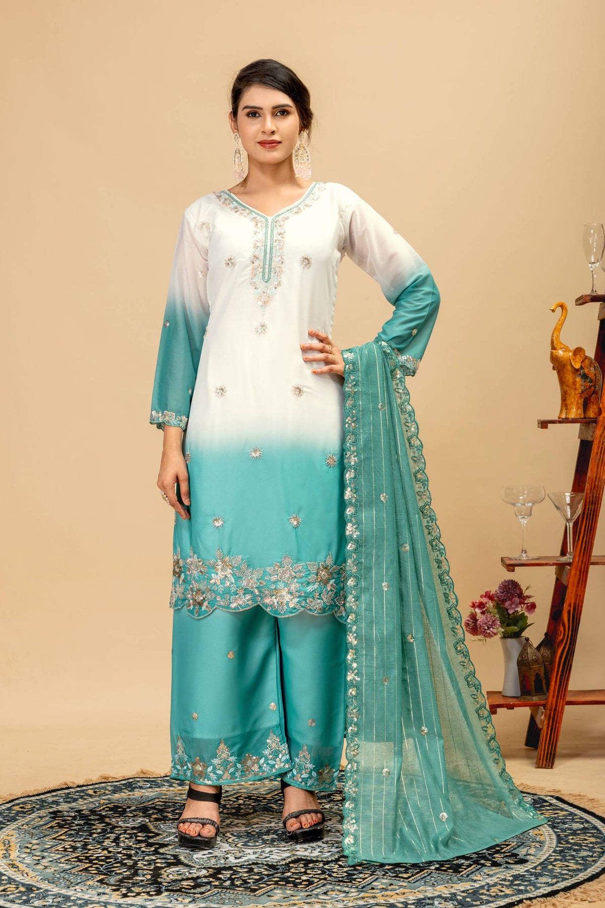3 PIECES KURTI, PLAZZO & DUPATTA WITH ORIGINAL BEADS CUT DANA WORK