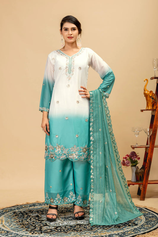 3 PIECES KURTI, PLAZZO & DUPATTA WITH ORIGINAL BEADS CUT DANA WORK