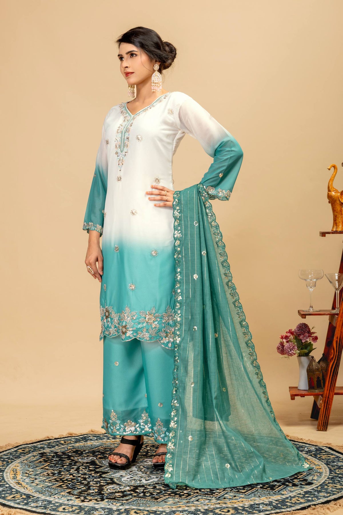 3 PIECES KURTI, PLAZZO & DUPATTA WITH ORIGINAL BEADS CUT DANA WORK