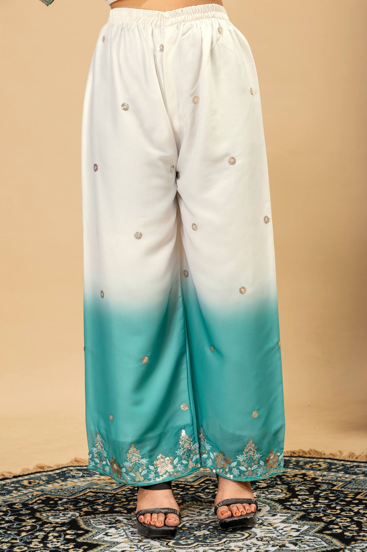 3 PIECES KURTI, PLAZZO & DUPATTA WITH ORIGINAL BEADS CUT DANA WORK