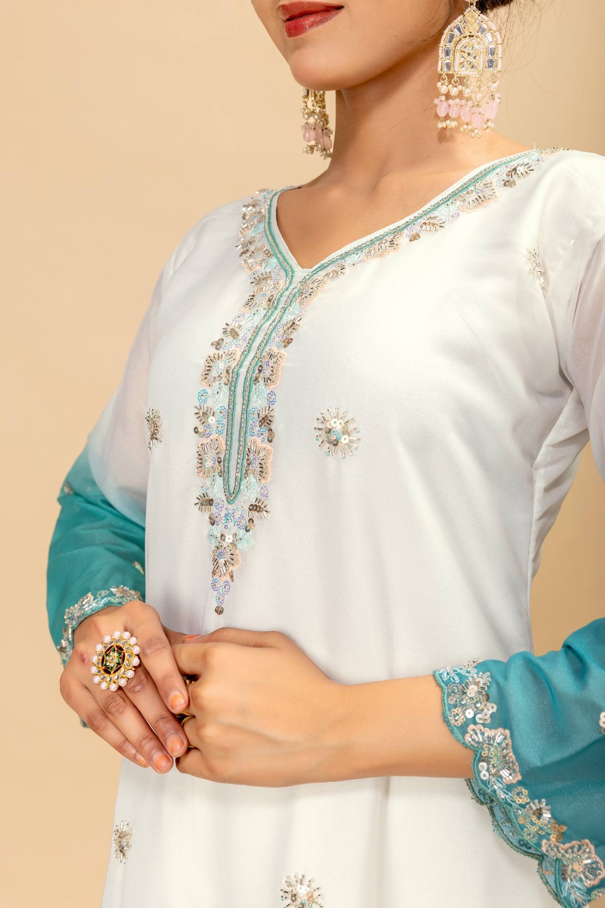 3 PIECES KURTI, PLAZZO & DUPATTA WITH ORIGINAL BEADS CUT DANA WORK