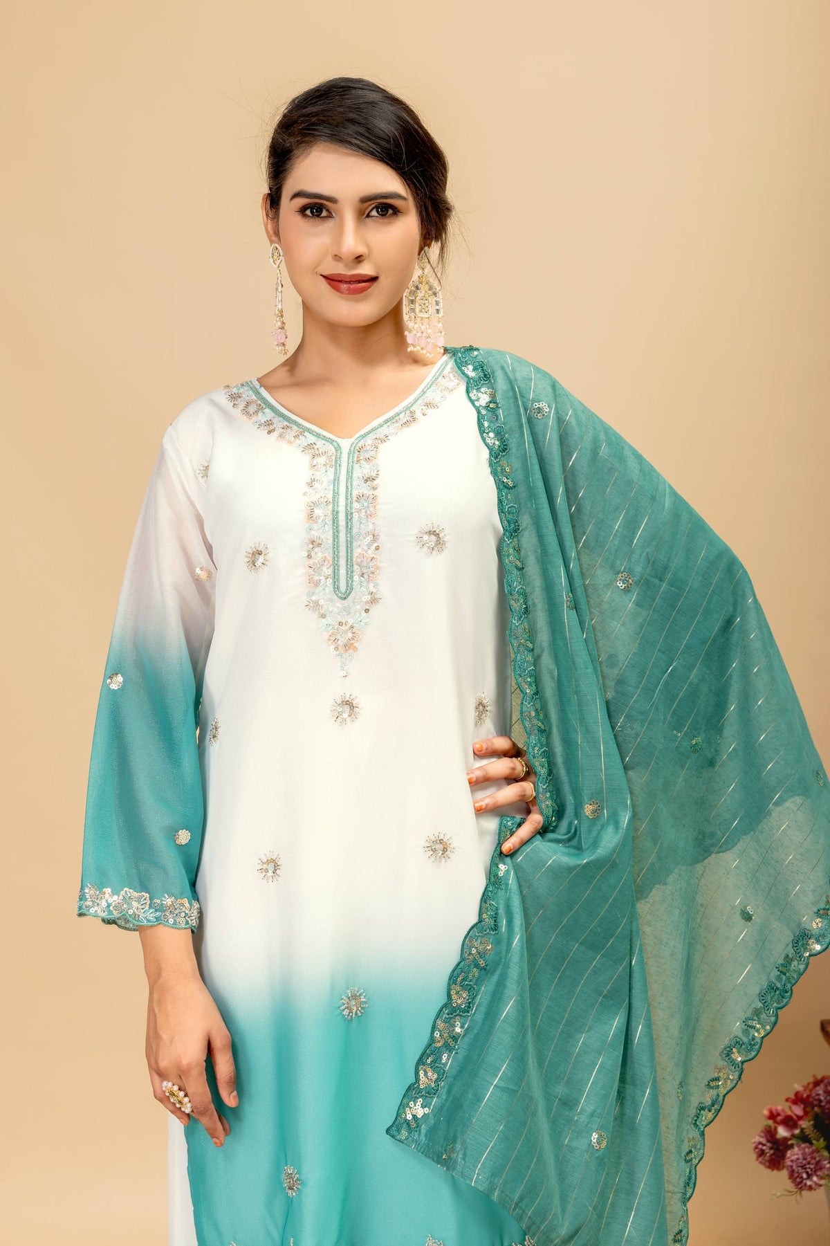 3 PIECES KURTI, PLAZZO & DUPATTA WITH ORIGINAL BEADS CUT DANA WORK