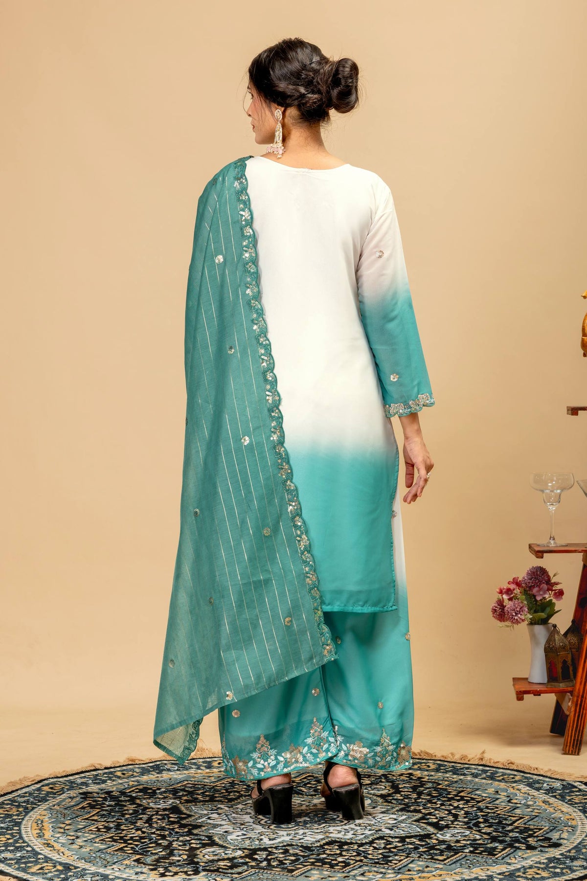 3 PIECES KURTI, PLAZZO & DUPATTA WITH ORIGINAL BEADS CUT DANA WORK