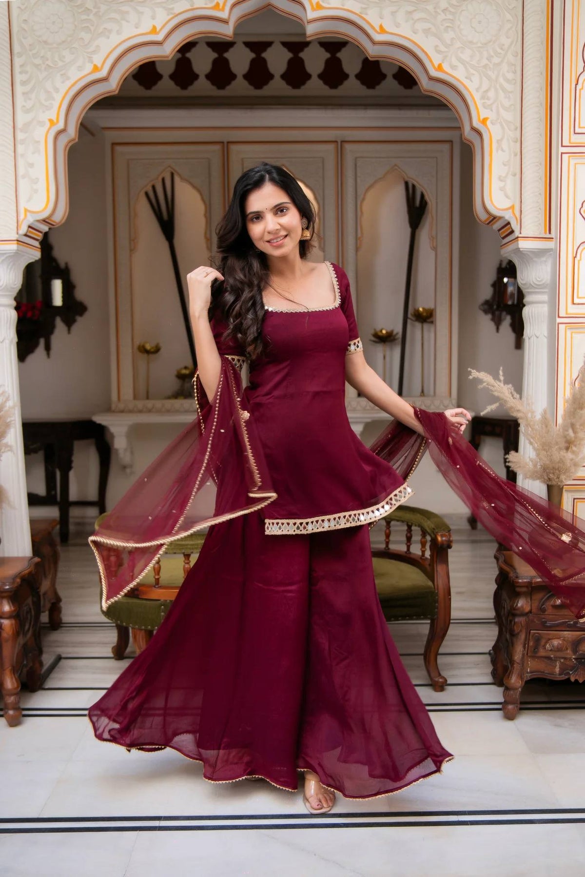 3 PIECES SUIT PAIR WITH EMBROIDERY AND REAL MIRROR WORK WITH FANCY LACE
