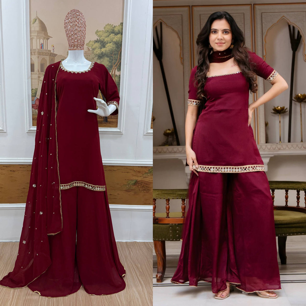3 PIECES SUIT PAIR WITH EMBROIDERY AND REAL MIRROR WORK WITH FANCY LACE