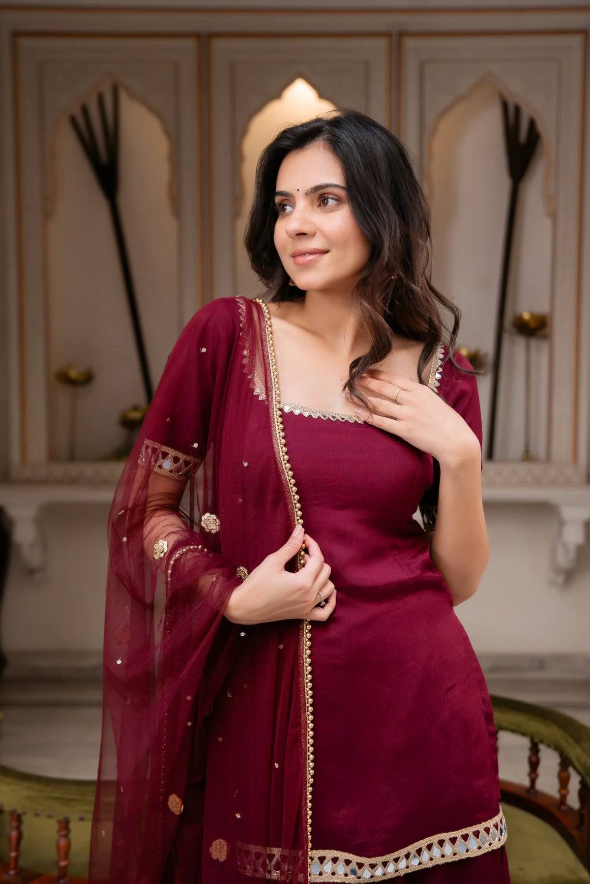 3 PIECES SUIT PAIR WITH EMBROIDERY AND REAL MIRROR WORK WITH FANCY LACE