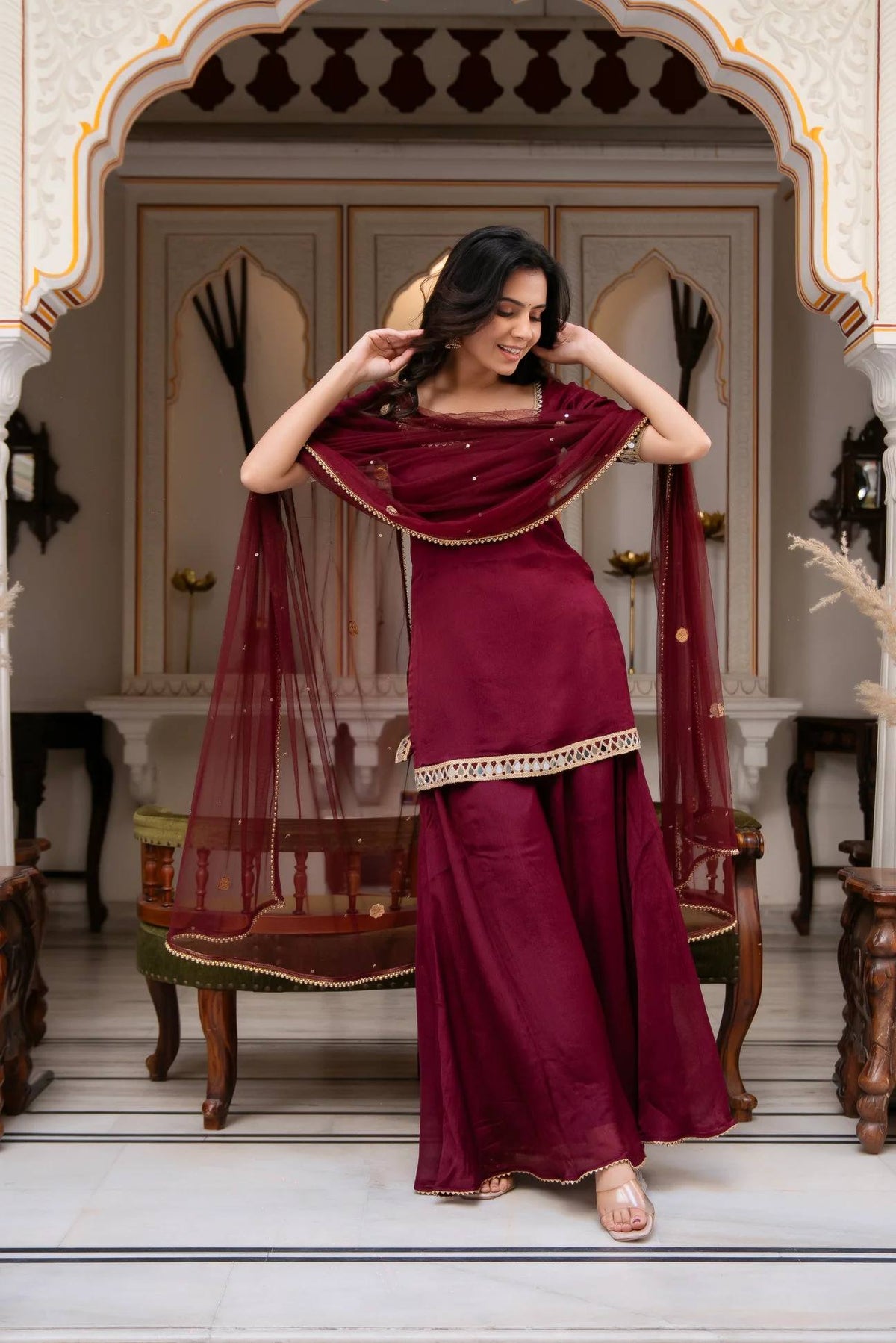 3 PIECES SUIT PAIR WITH EMBROIDERY AND REAL MIRROR WORK WITH FANCY LACE