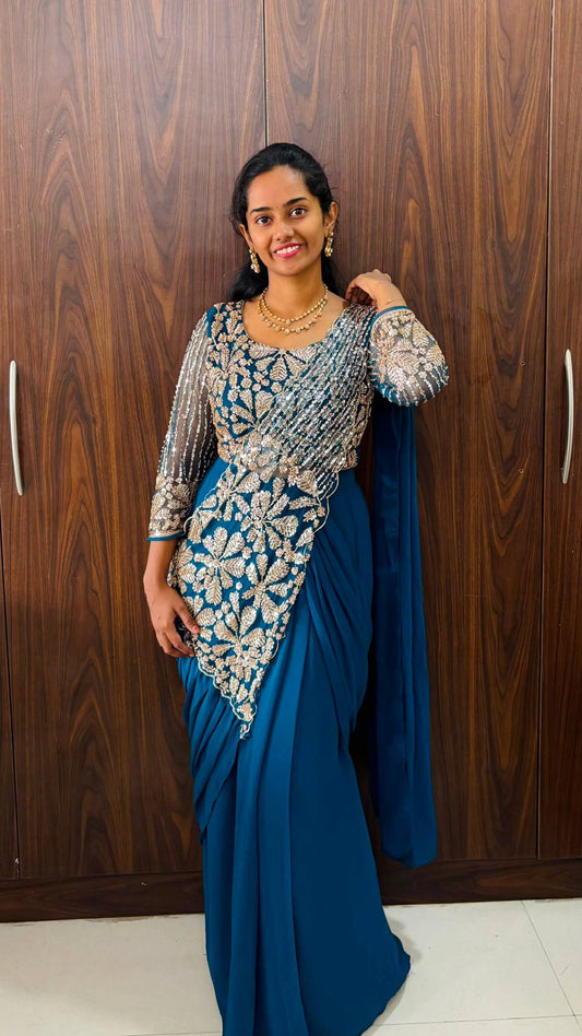 READY TO WEAR SAREE WITH FULLY SEMI-BEADS EMBROIDERED STYLIST BLOUSE