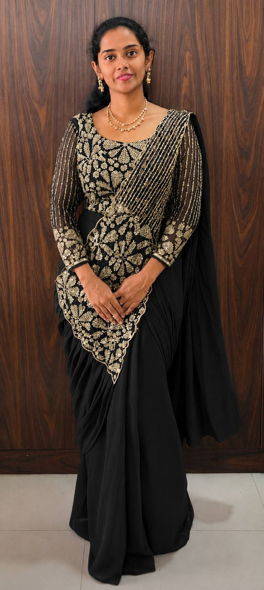 READY TO WEAR SAREE WITH FULLY SEMI-BEADS EMBROIDERED STYLIST BLOUSE