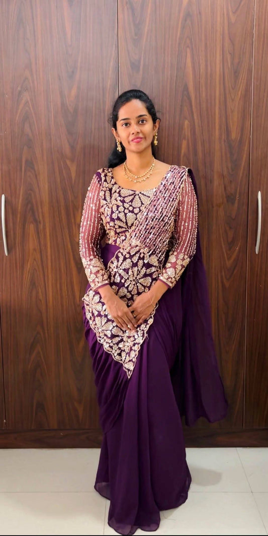 READY TO WEAR SAREE WITH FULLY SEMI-BEADS EMBROIDERED STYLIST BLOUSE