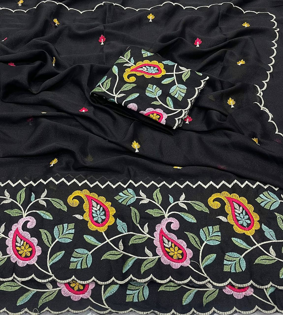 ELEGANT EMBROIDERED SAREE WITH FLORAL & PAISLEY WORK AND DESIGNER BORDER