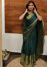 READY TO WEAR GOWN SAREE GREEN AND GOLDEN BORDER