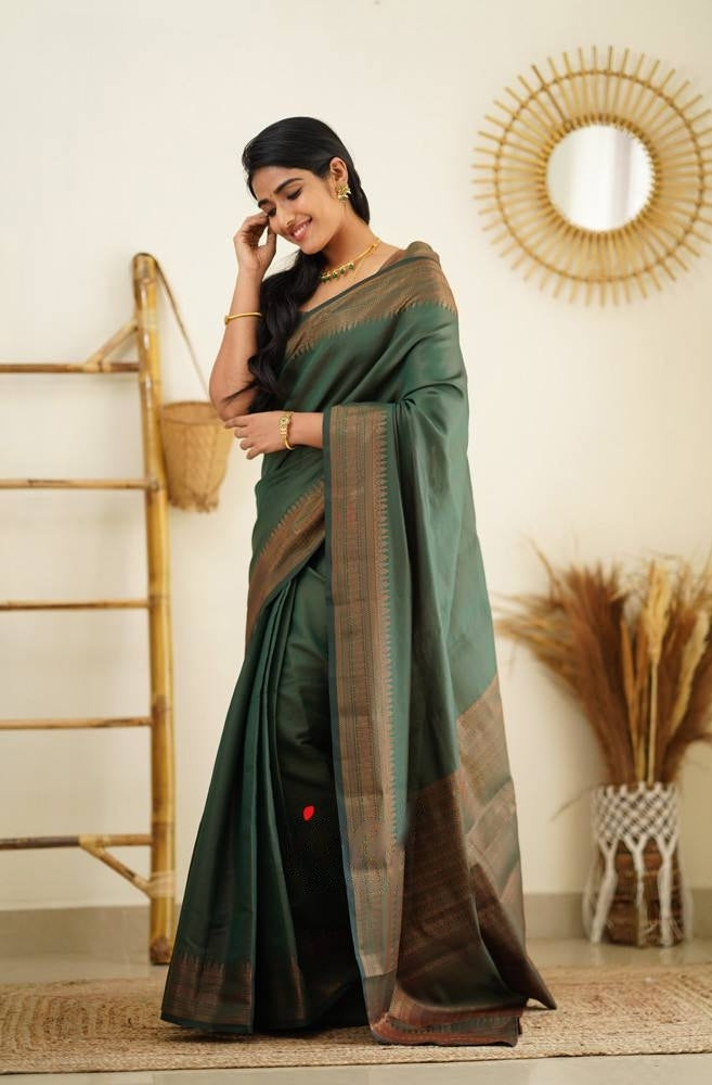 Green Banarasi Silk Saree With Royal Copper Border Pattu