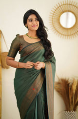 Green Banarasi Silk Saree With Royal Copper Border Pattu