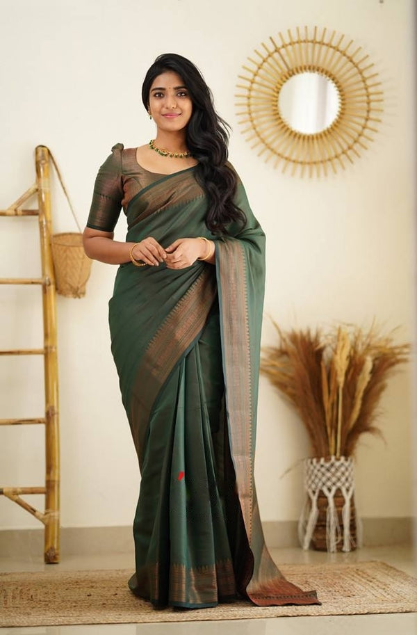 Green Banarasi Silk Saree With Royal Copper Border Pattu