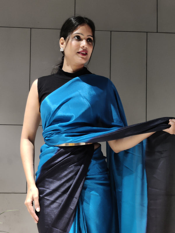 1-Min Ready to Wear Saree in Premium Dark Blue Chinon With Blouse