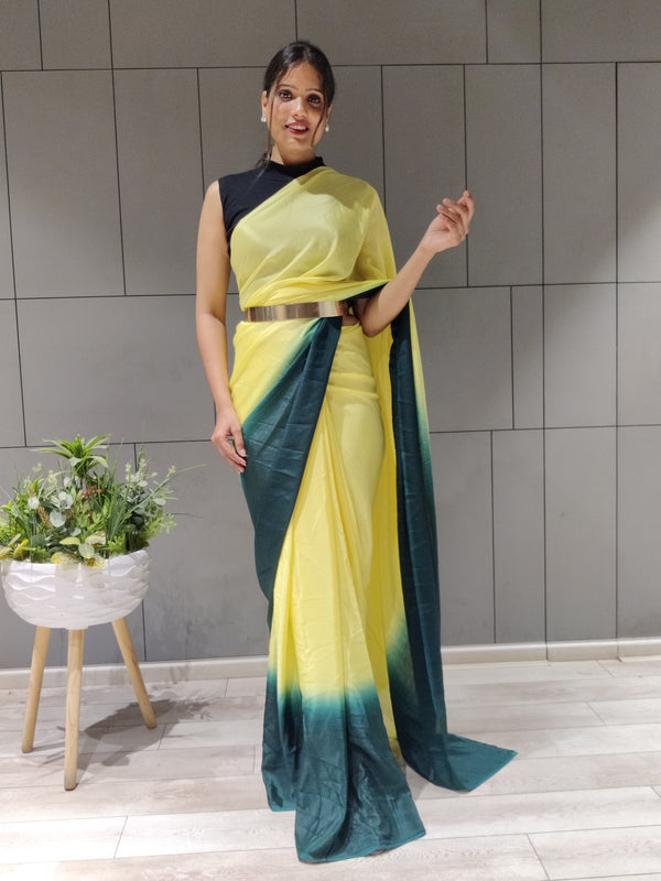 1-Min Ready to Wear Saree in Premium Yellow Chinon With Blouse