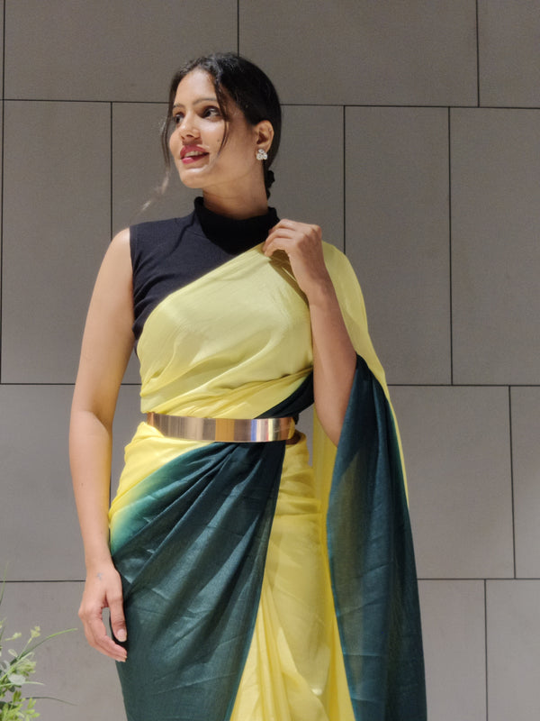 1-Min Ready to Wear Saree in Premium Yellow Chinon With Blouse