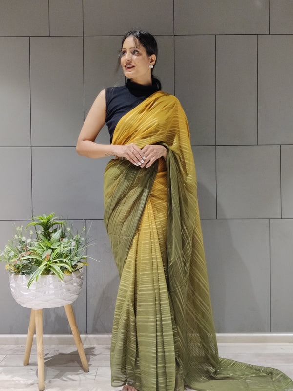 1-Min Ready to Wear Saree in Premium Mustard Chiffon With Zari Patta