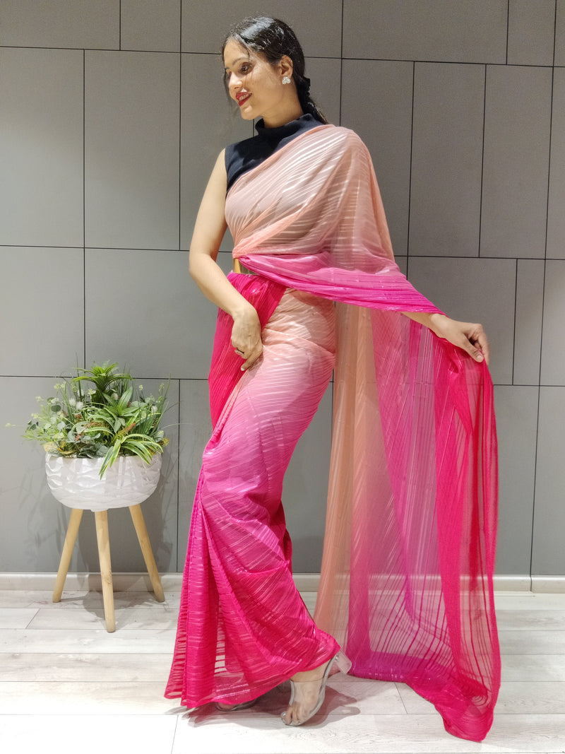 1-Min Ready to Wear Saree in Premium Pink Chiffon With Zari Patta