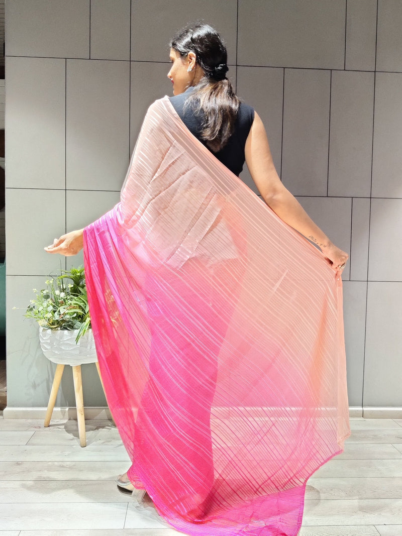 1-Min Ready to Wear Saree in Premium Pink Chiffon With Zari Patta