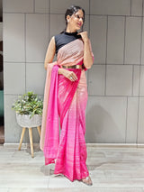 1-Min Ready to Wear Saree in Premium Pink Chiffon With Zari Patta