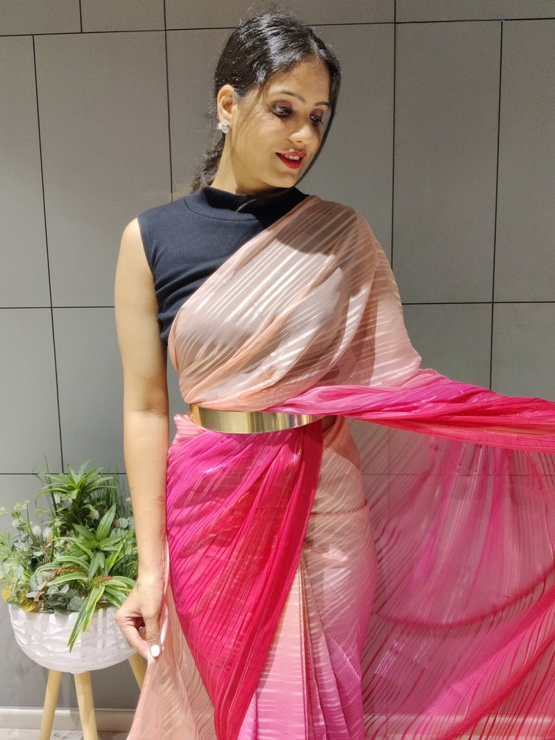 1-Min Ready to Wear Saree in Premium Pink Chiffon With Zari Patta