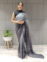 1-Min Ready to Wear Saree in Premium Black Chiffon With Zari Patta