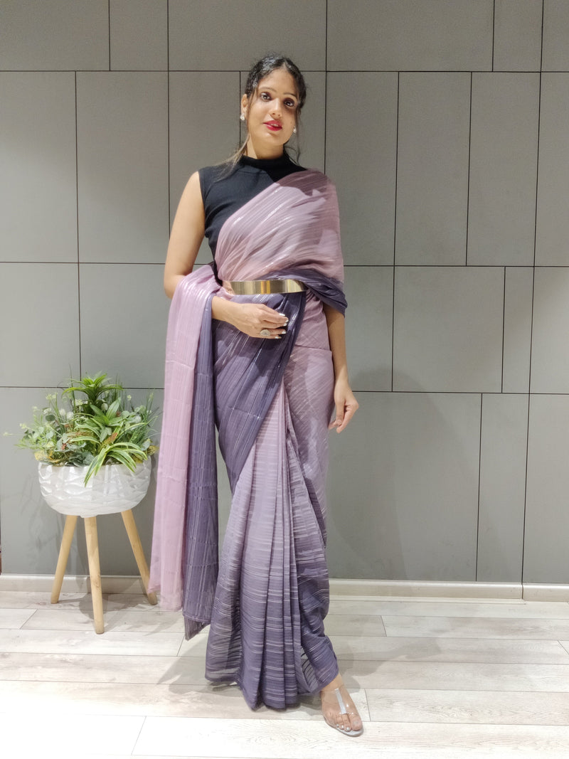 1-Min Ready to Wear Saree in Premium Lavender Chiffon With Zari Patta