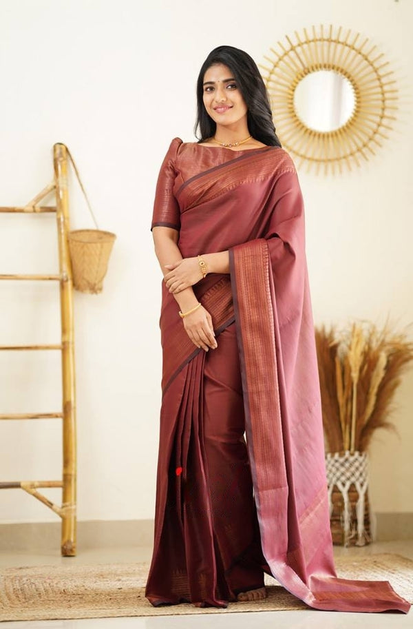 Maroon Banarasi Silk Saree With Royal Copper Border Pattu