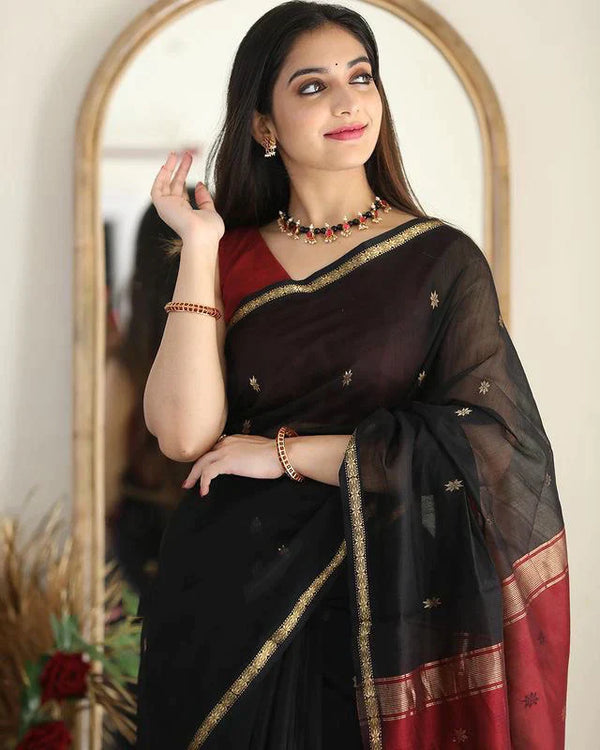 Trendy Black Cotton Silk Saree With Marvellous Blouse Piece