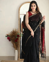 Trendy Black Cotton Silk Saree With Marvellous Blouse Piece