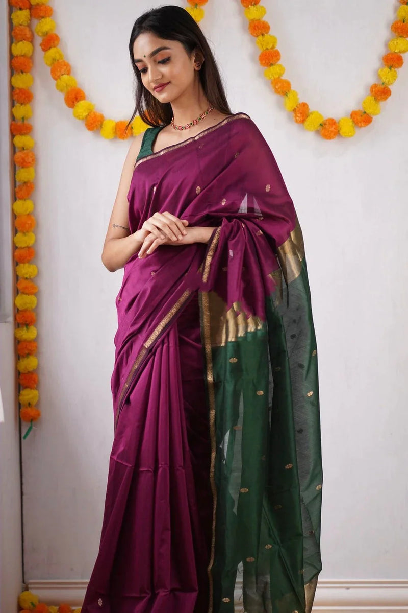 Marvellous Dark Pink Cotton Silk Saree With Outstanding Blouse Piece