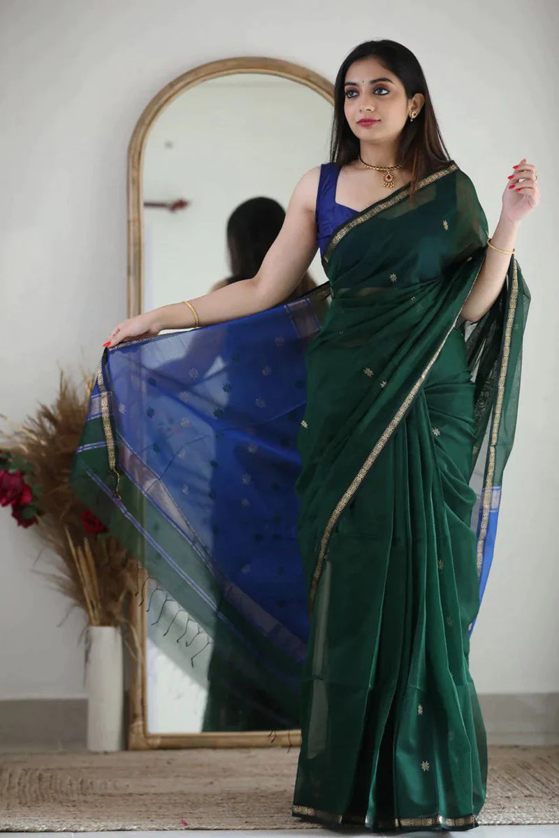 Flattering Green Cotton Silk Saree With Classy Blouse Piece