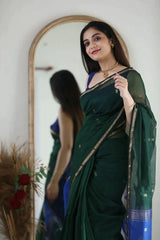 Flattering Green Cotton Silk Saree With Classy Blouse Piece